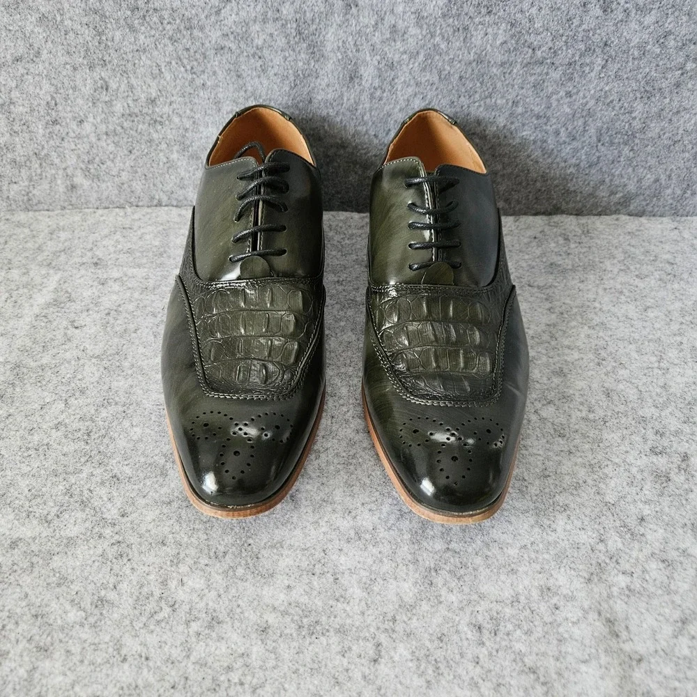 Romano Pietro Olive Green Crocodile Embossed Wingtip Brogue Oxford Shoes 10.5